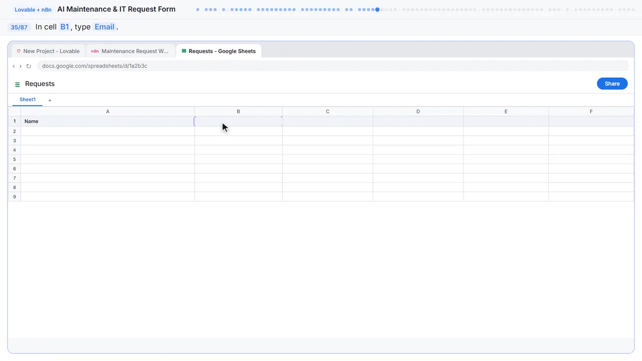 Google Sheets in Stepthrough’s practice copy, step 35 of 87 (Email): the cursor is on “B1”, highlighted.