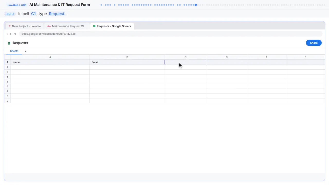Google Sheets in Stepthrough’s practice copy, step 36 of 87 (Request): the cursor is on “C1”, highlighted.