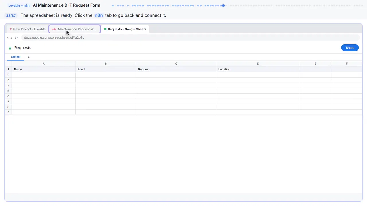 Google Sheets in Stepthrough’s practice copy, step 38 of 87 (Back to n8n): the cursor is on “n8n”, highlighted.