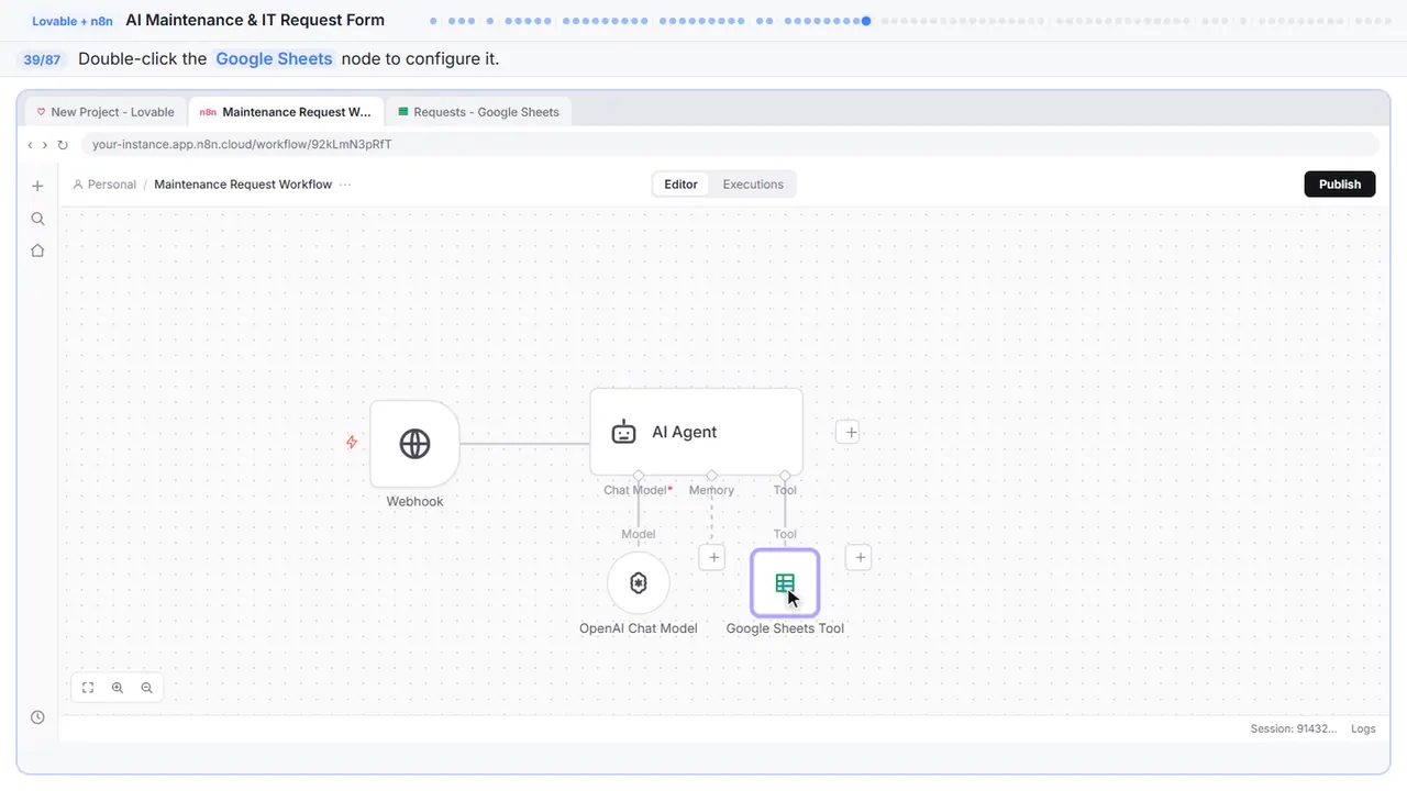 The n8n workflow canvas in Stepthrough’s practice copy, step 39 of 87 (Open the Sheets node): the cursor is on “Google Sheets”, highlighted.