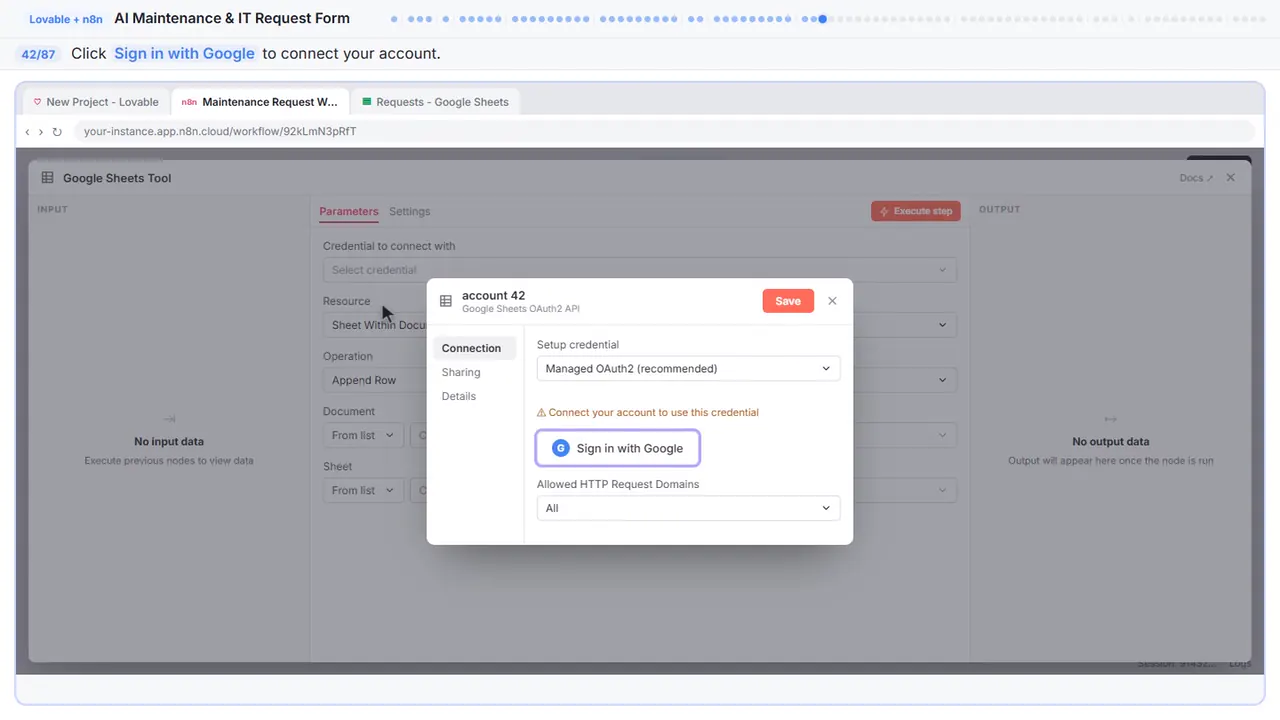 The Google sign-in window in Stepthrough’s practice copy, step 42 of 87 (Sign in with Google): the cursor is on “Sign in with Google”, highlighted.
