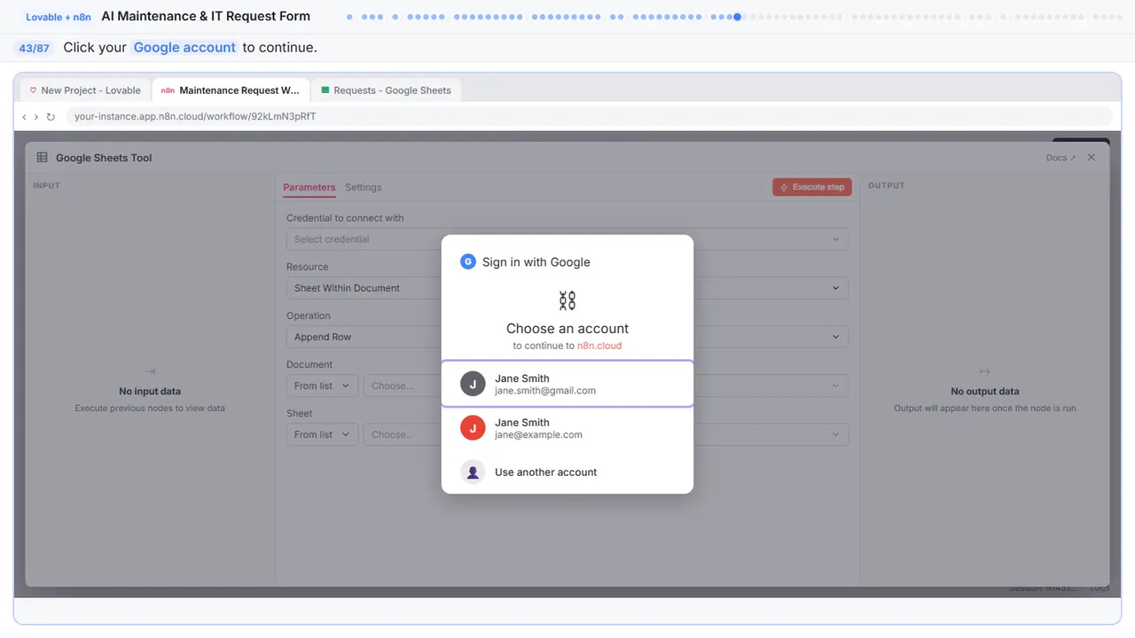 The Google sign-in window in Stepthrough’s practice copy, step 43 of 87 (Choose your account): the cursor is on “Google account”, highlighted.