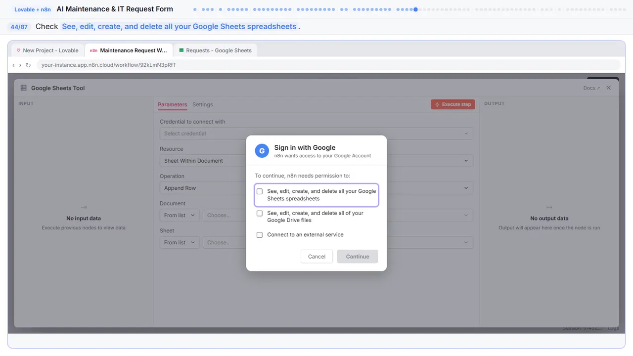 The Google sign-in window in Stepthrough’s practice copy, step 44 of 87 (Allow Sheets access): the cursor is on “See, edit, create, and delete all your Google Sheets…”, highlighted.