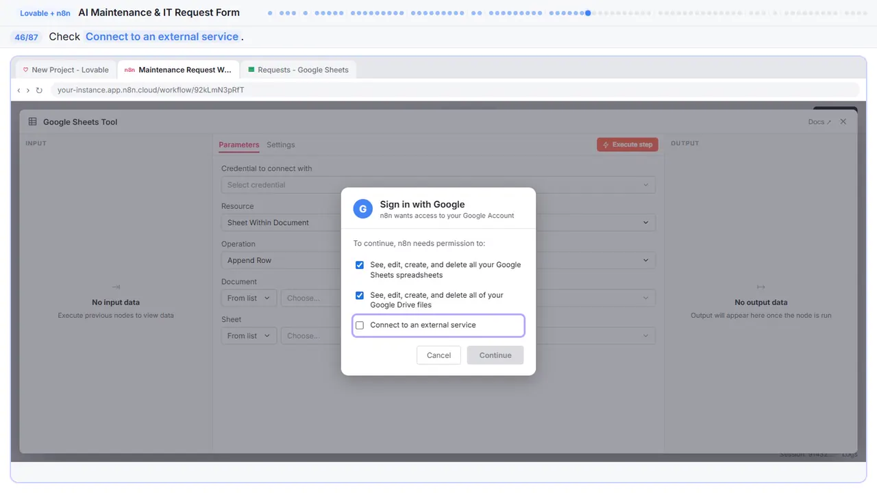The Google sign-in window in Stepthrough’s practice copy, step 46 of 87 (Allow external service): the cursor is on “Connect to an external service”, highlighted.