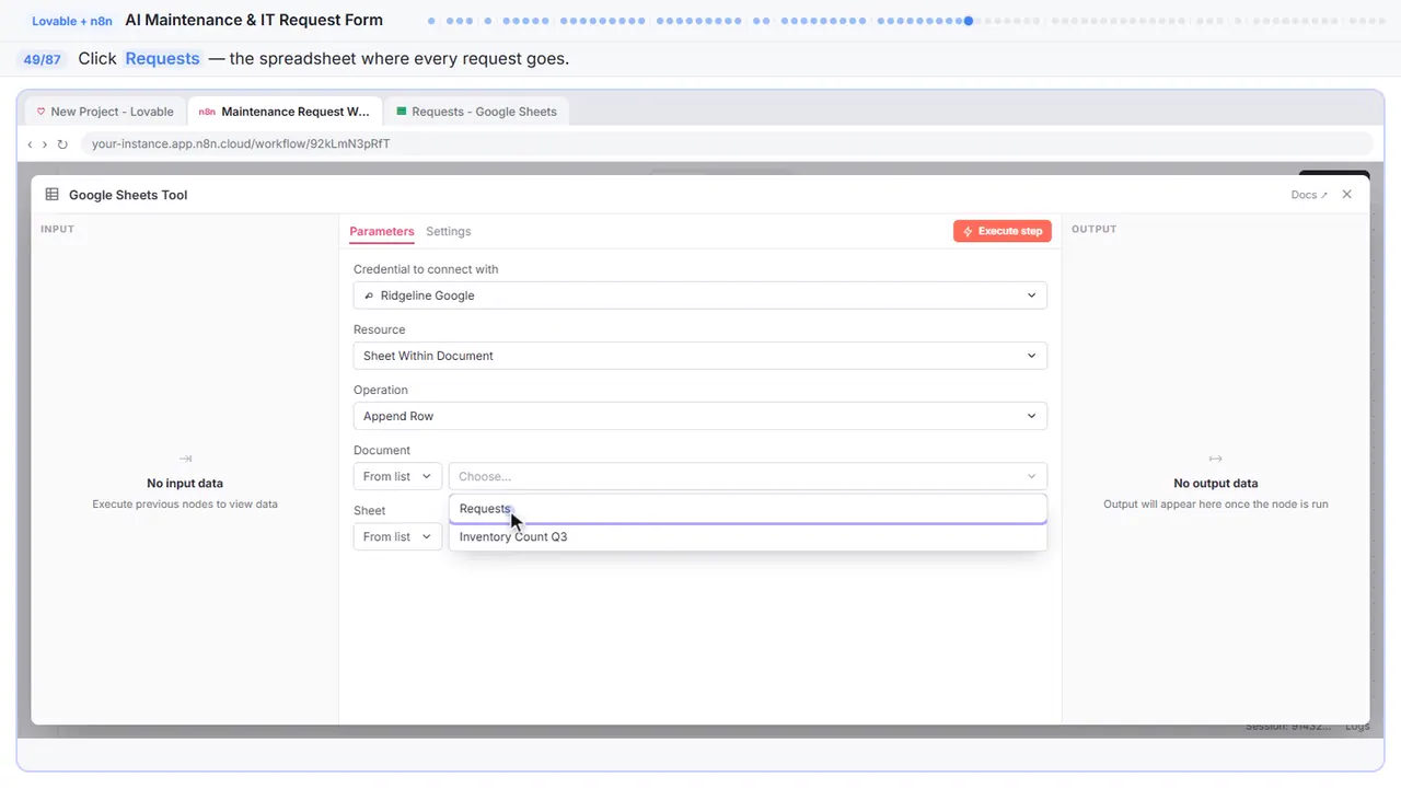 A dropdown menu in n8n in Stepthrough’s practice copy, step 49 of 87 (Requests): the cursor is on “Requests”, highlighted.