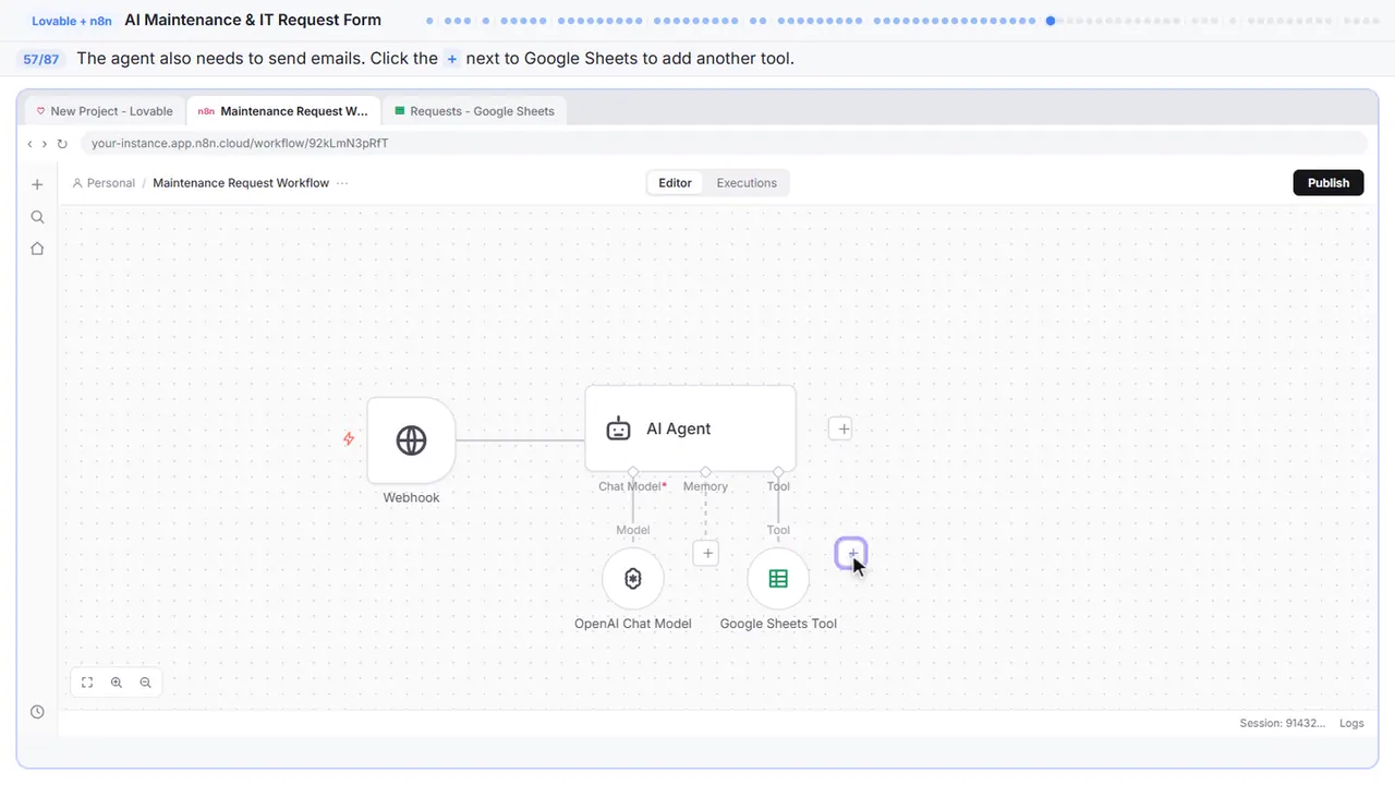 The n8n workflow canvas in Stepthrough’s practice copy, step 57 of 87 (Add another tool): the cursor is on “+”, highlighted.