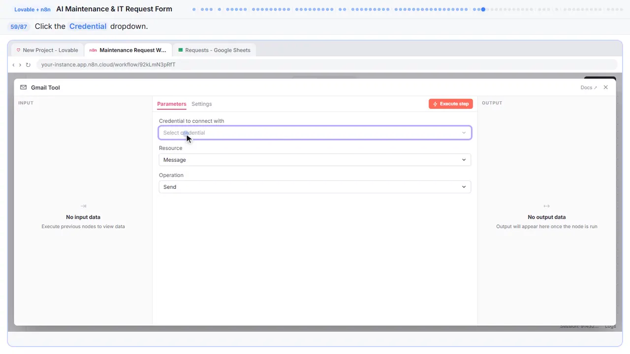 An n8n node’s settings window in Stepthrough’s practice copy, step 59 of 87 (Add a credential): the cursor is on “Credential”, highlighted.