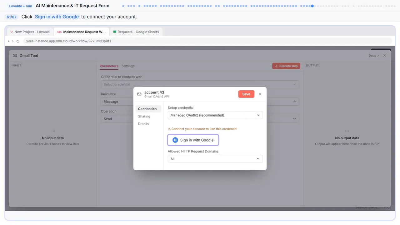 Gmail in Stepthrough’s practice copy, step 61 of 87 (Sign in with Google): the cursor is on “Sign in with Google”, highlighted.