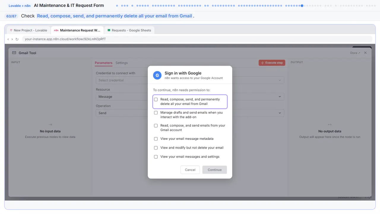 Gmail in Stepthrough’s practice copy, step 63 of 87 (Allow email access): the cursor is on “Read, compose, send, and permanently delete all your email…”, highlighted.