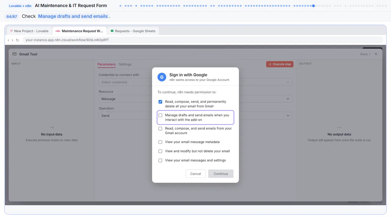 Gmail in Stepthrough’s practice copy, step 64 of 87 (Allow drafts): the cursor is on “Manage drafts and send emails”, highlighted.