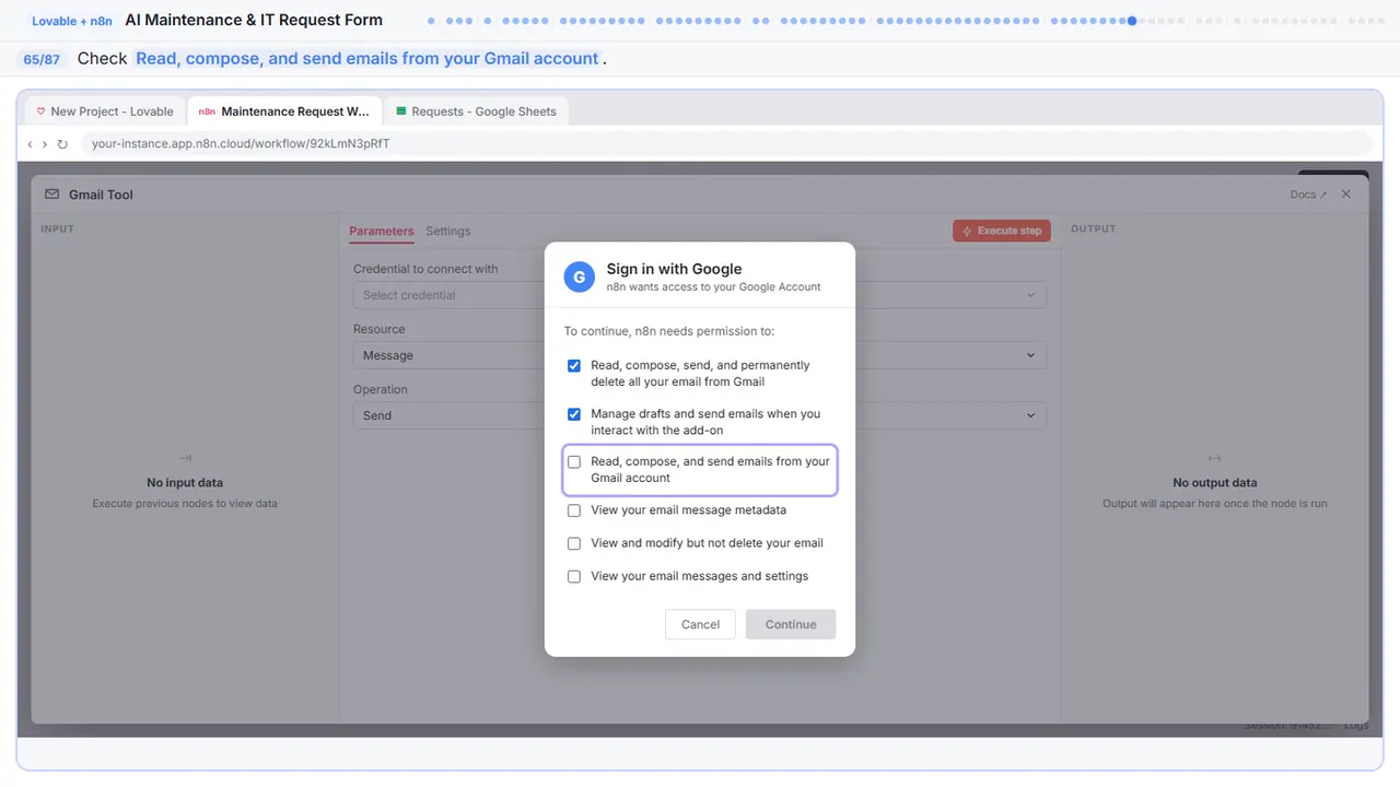 Gmail in Stepthrough’s practice copy, step 65 of 87 (Allow compose): the cursor is on “Read, compose, and send emails from your Gmail account”, highlighted.