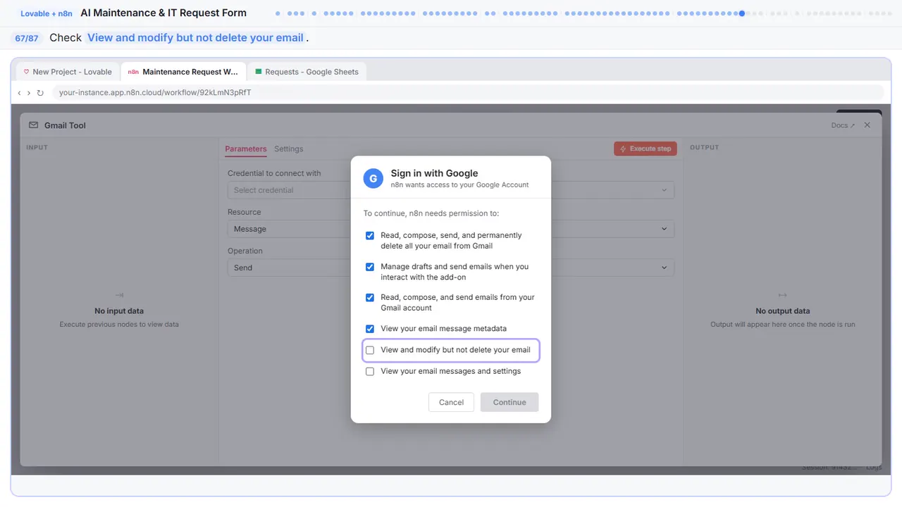 Gmail in Stepthrough’s practice copy, step 67 of 87 (Allow modify): the cursor is on “View and modify but not delete your email”, highlighted.