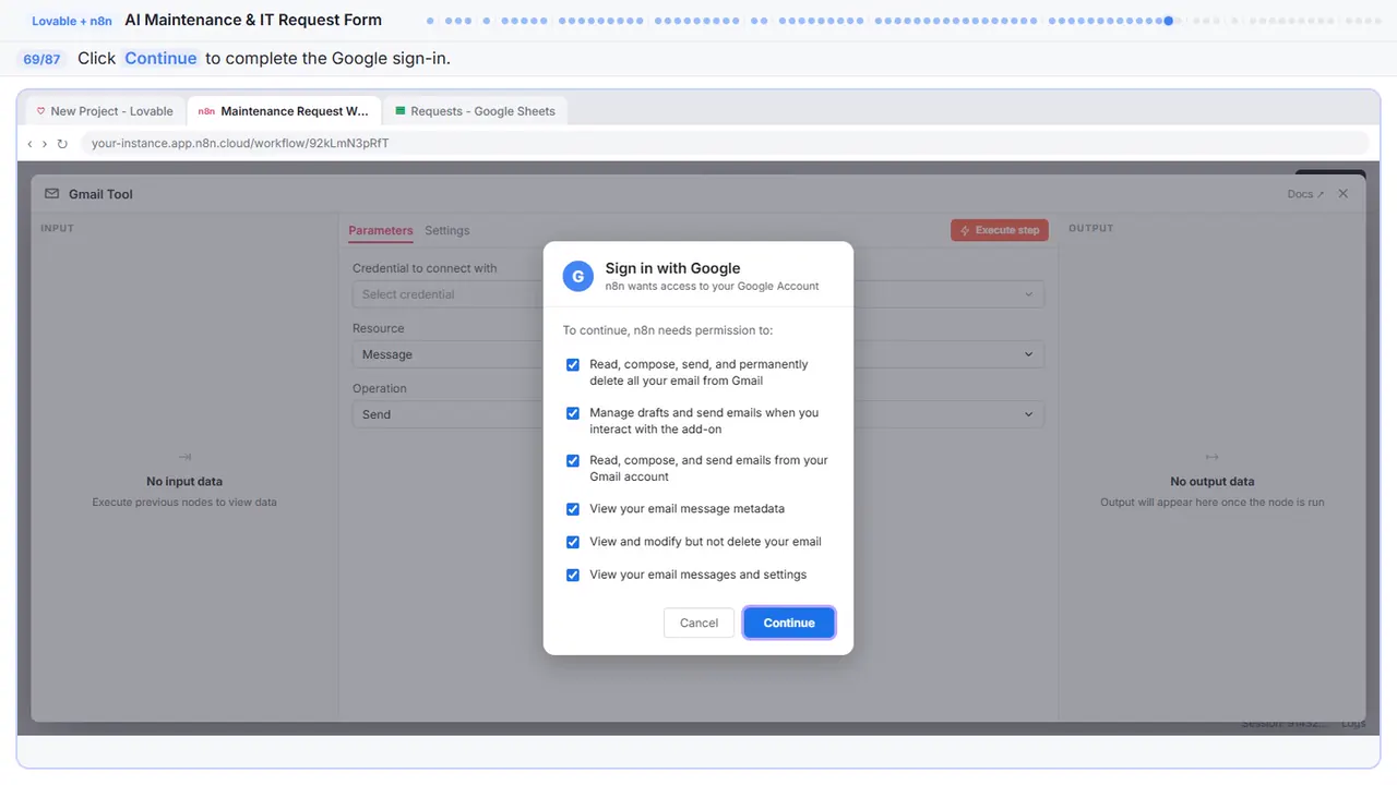 Gmail in Stepthrough’s practice copy, step 69 of 87 (Sign in): the cursor is on “Continue”, highlighted.