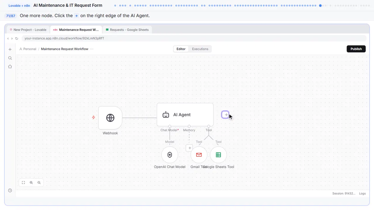 The n8n workflow canvas in Stepthrough’s practice copy, step 71 of 87 (Add the respond node): the cursor is on “+”, highlighted.