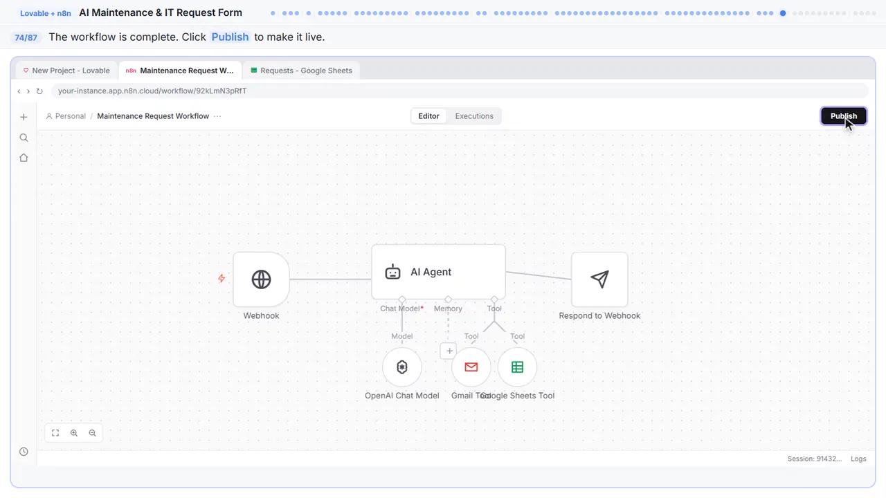 The n8n workflow editor in Stepthrough’s practice copy, step 74 of 87 (Publish the workflow): the cursor is on “Publish”, highlighted.