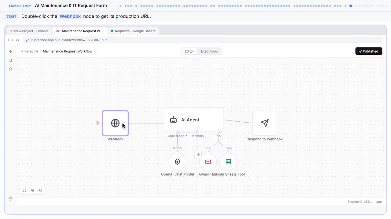 The n8n workflow canvas in Stepthrough’s practice copy, step 75 of 87 (Open the webhook): the cursor is on “Webhook”, highlighted.