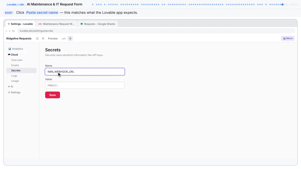 Lovable’s secrets settings in Stepthrough’s practice copy, step 81 of 87 (Name the secret): the secret name is filled in (“N8N_WEBHOOK_URL”).