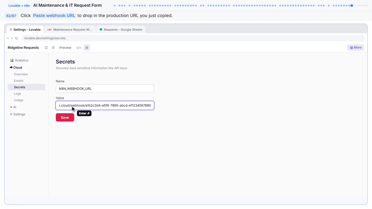 Lovable’s secrets settings in Stepthrough’s practice copy, step 82 of 87 (Paste the webhook URL): the webhook url is filled in (“https://your-instance.app.n8n.cloud/webhook/a1b…”).