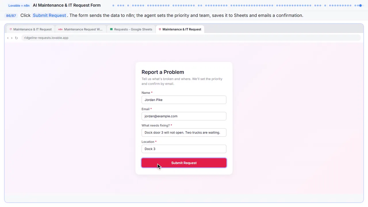 The Lovable app preview in Stepthrough’s practice copy, step 86 of 87 (Submit the form): the cursor is on “Submit Request”, highlighted.