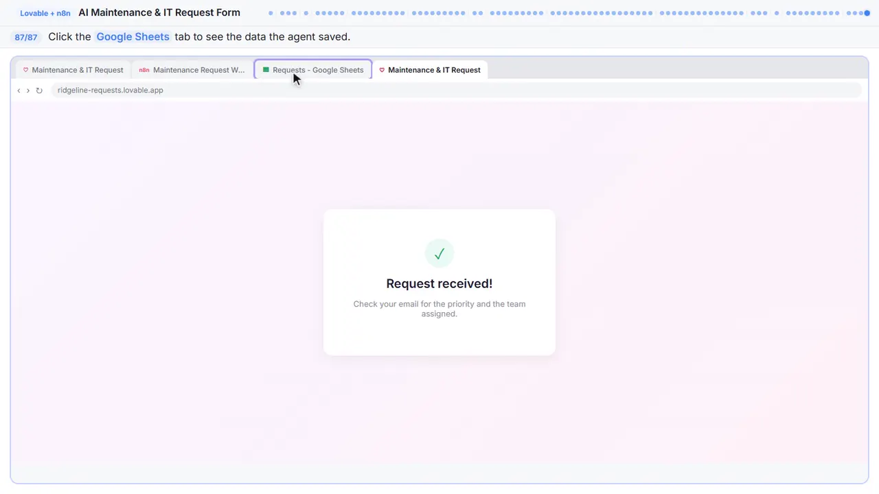 The Lovable app preview in Stepthrough’s practice copy, step 87 of 87 (Check the spreadsheet): the cursor is on “Google Sheets”, highlighted.