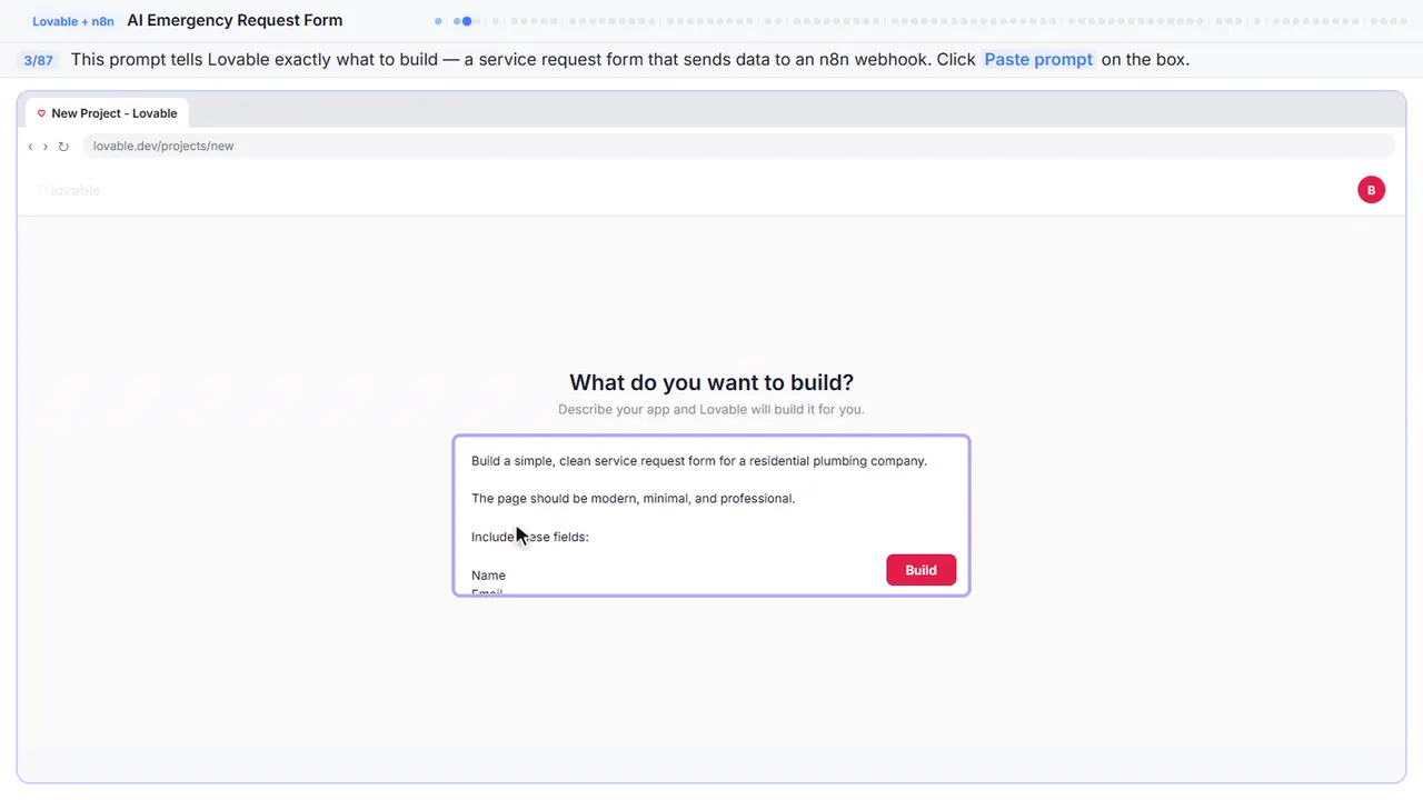 Lovable in Stepthrough’s practice copy, step 3 of 87 (Describe the form): the prompt is filled in (“Build a simple, clean service request form for…”).