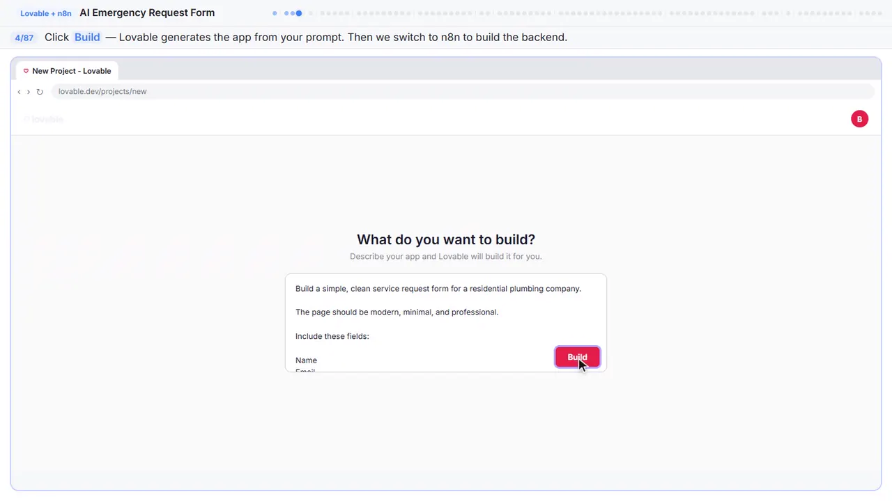 Lovable in Stepthrough’s practice copy, step 4 of 87 (Build the app): the cursor is on “Build”, highlighted.