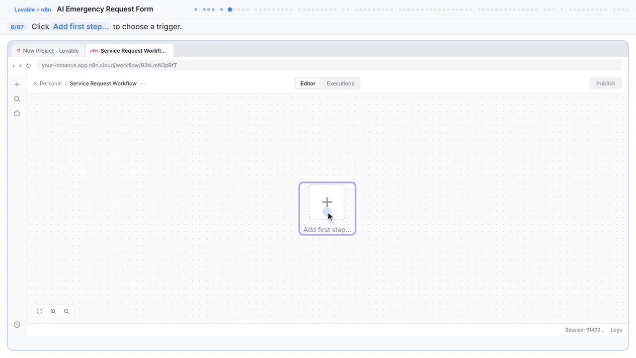 The n8n workflow canvas in Stepthrough’s practice copy, step 6 of 87 (Add the first step): the cursor is on “Add first step…”, highlighted.