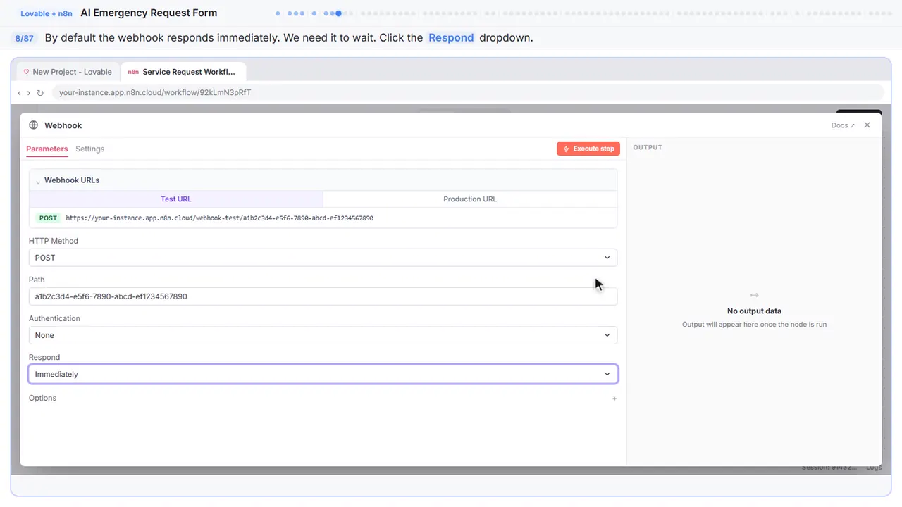 An n8n node’s settings window in Stepthrough’s practice copy, step 8 of 87 (Change the response mode): the cursor is on “Respond”, highlighted.