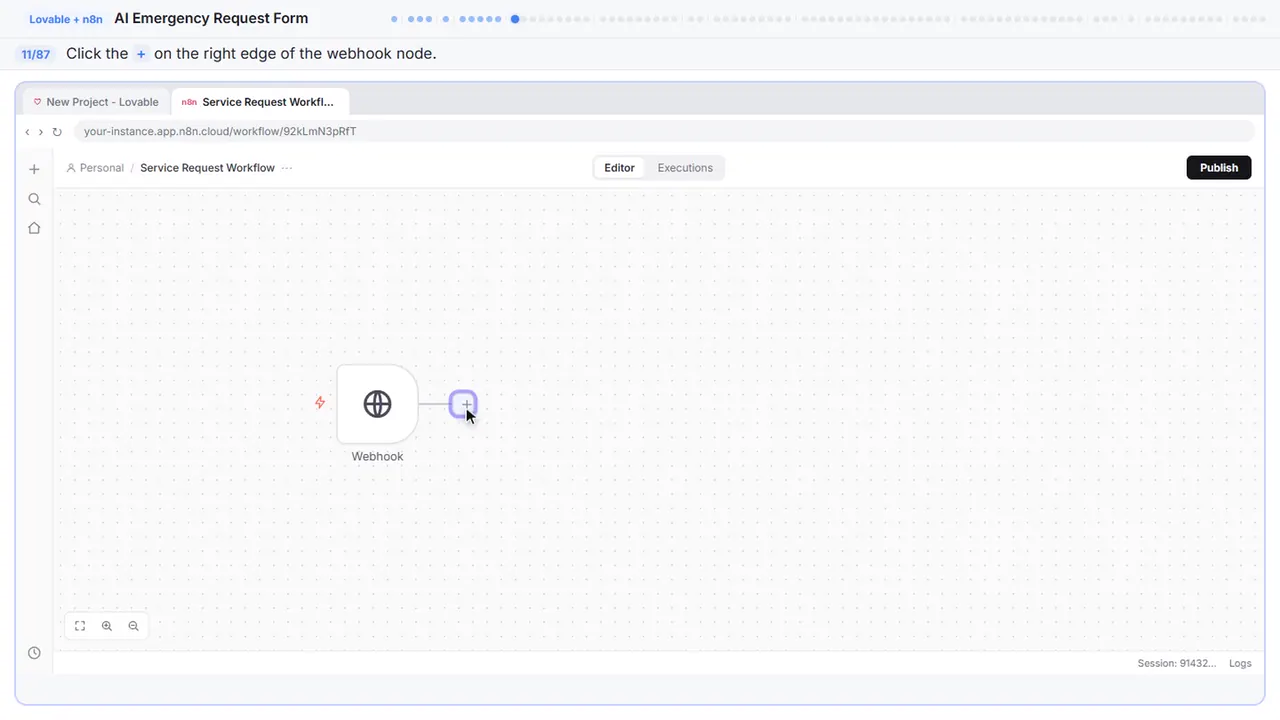 The n8n workflow canvas in Stepthrough’s practice copy, step 11 of 87 (Add the next node): the cursor is on “+”, highlighted.