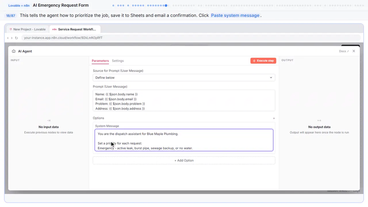 An n8n node’s settings window in Stepthrough’s practice copy, step 18 of 87 (Write the system message): the system message is filled in (“You are the dispatch assistant for Blue Maple…”).
