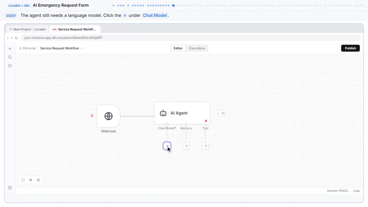 The n8n workflow canvas in Stepthrough’s practice copy, step 20 of 87 (Give the agent a brain): the cursor is on “+”, highlighted.