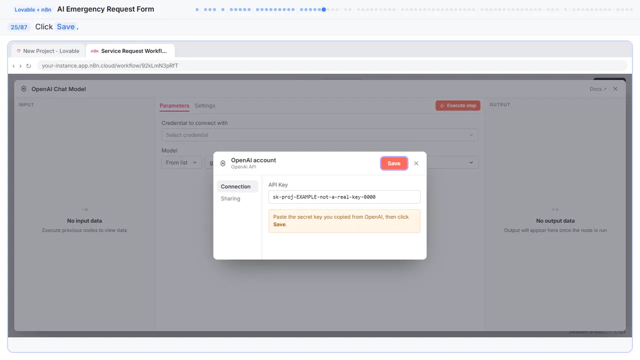 The n8n credential window in Stepthrough’s practice copy, step 25 of 87 (Save the credential): the cursor is on “Save”, highlighted.