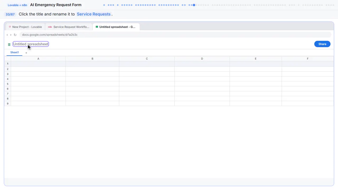 Google Sheets in Stepthrough’s practice copy, step 33 of 87 (Name the spreadsheet): the cursor is on “Service Requests”, highlighted.