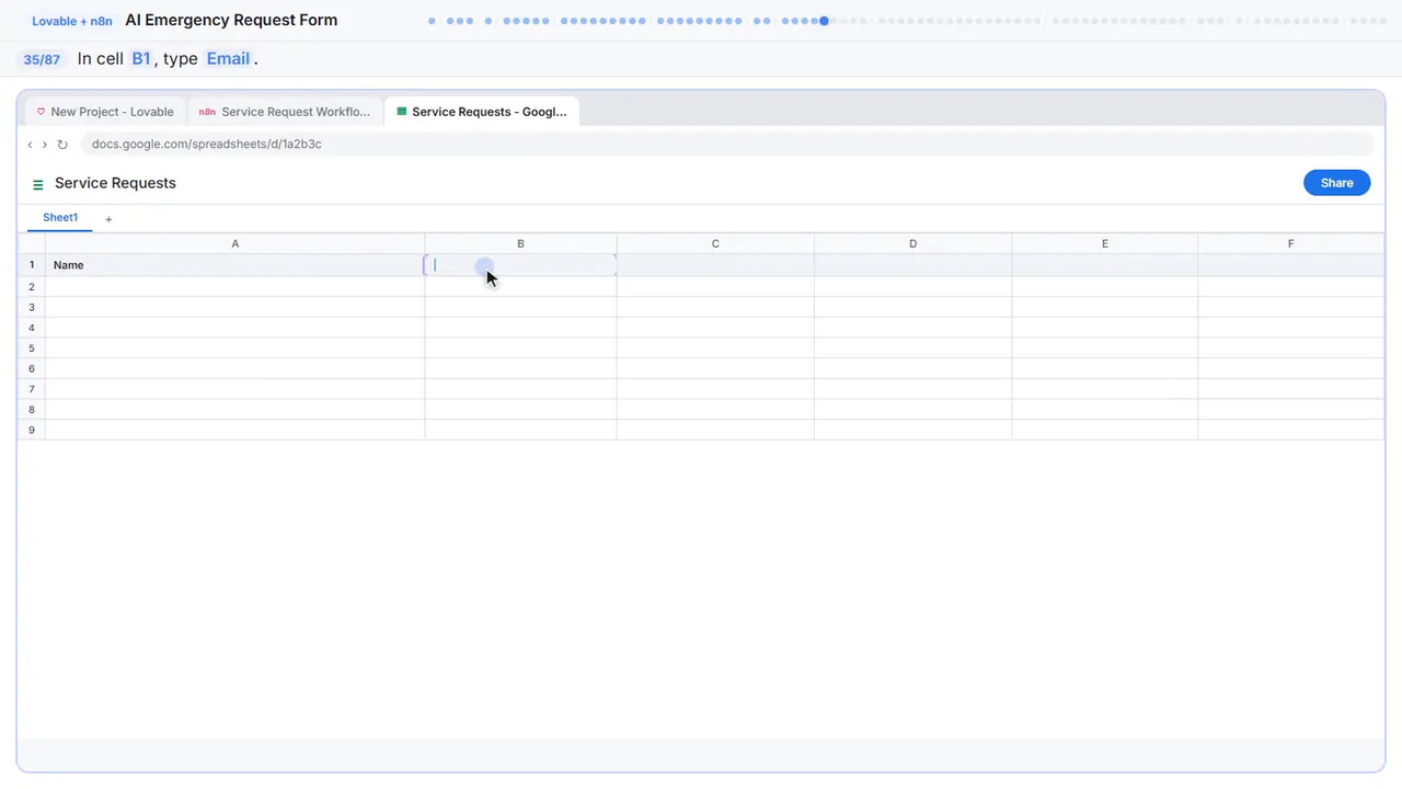 Google Sheets in Stepthrough’s practice copy, step 35 of 87 (Email): the cursor is on “B1”, highlighted.
