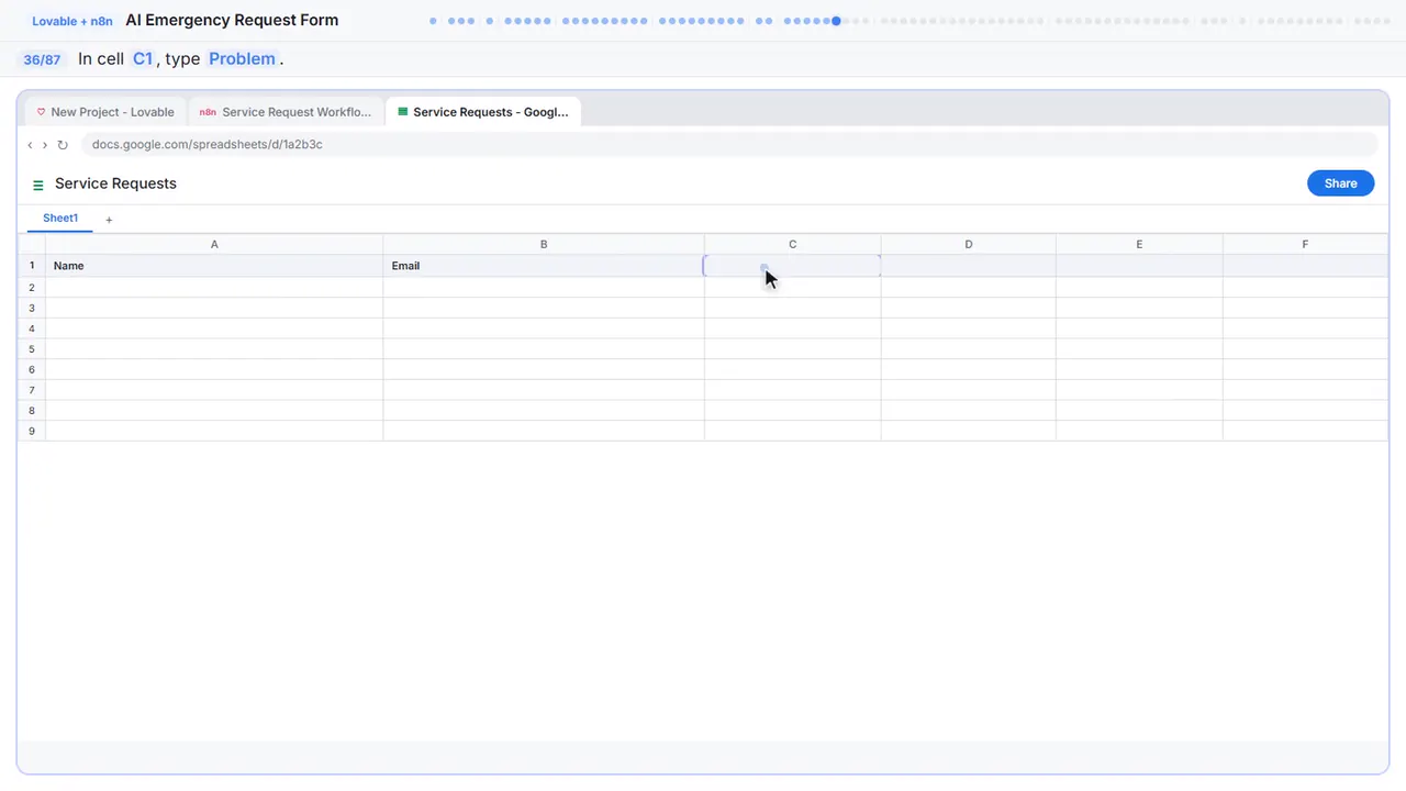 Google Sheets in Stepthrough’s practice copy, step 36 of 87 (Problem): the cursor is on “C1”, highlighted.