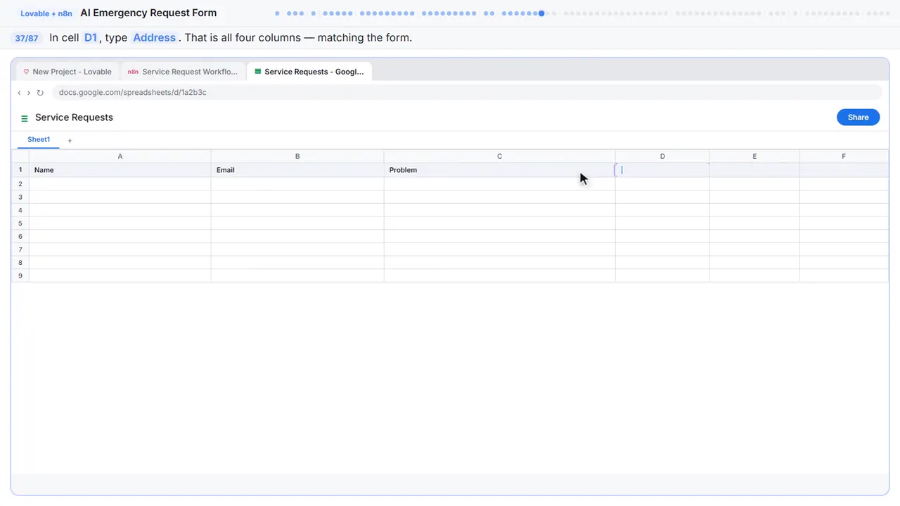 Google Sheets in Stepthrough’s practice copy, step 37 of 87 (Address): the cursor is on “D1”, highlighted.