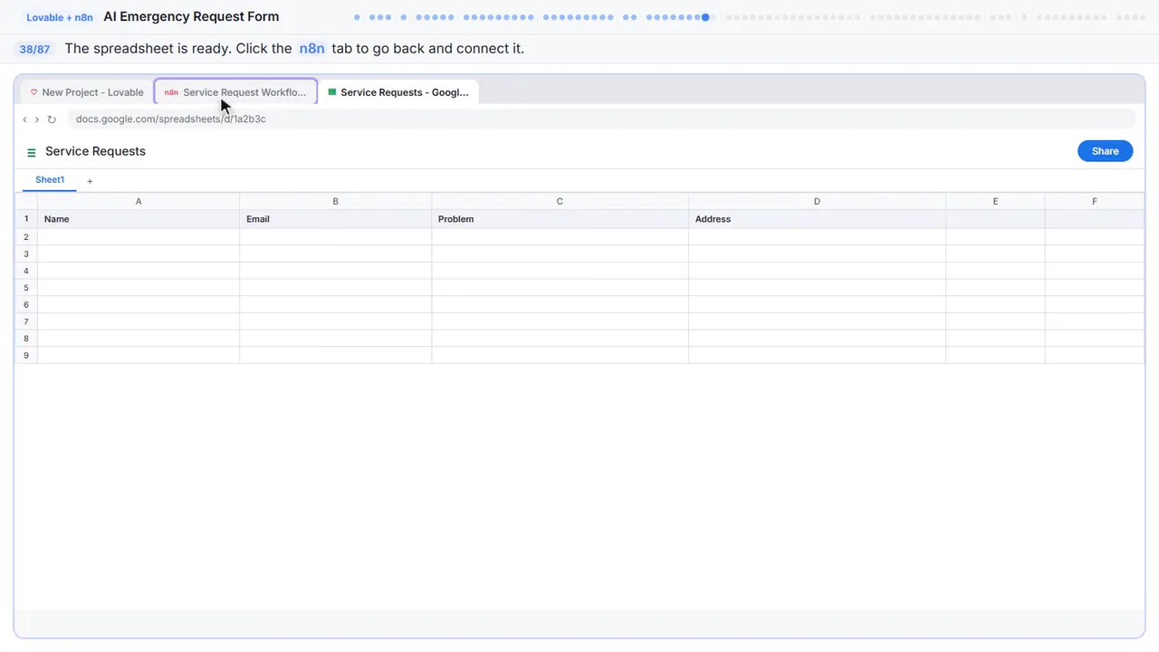 Google Sheets in Stepthrough’s practice copy, step 38 of 87 (Back to n8n): the cursor is on “n8n”, highlighted.