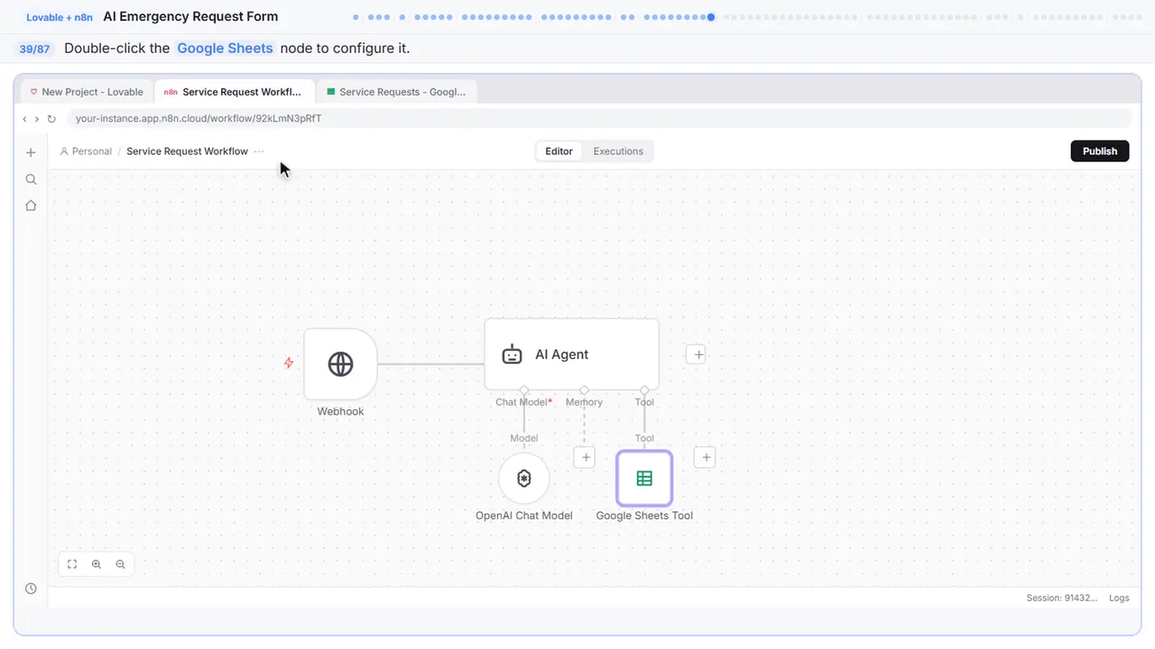 The n8n workflow canvas in Stepthrough’s practice copy, step 39 of 87 (Open the Sheets node): the cursor is on “Google Sheets”, highlighted.