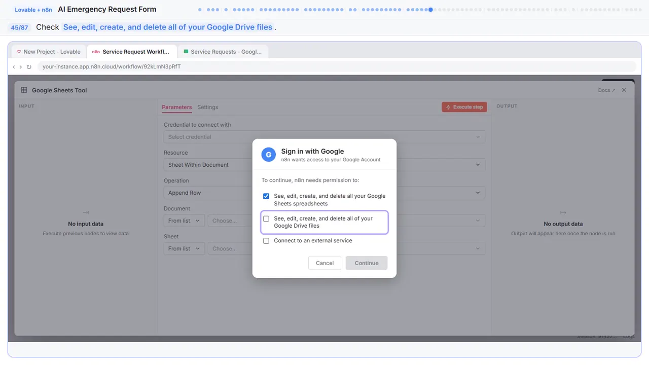 The Google sign-in window in Stepthrough’s practice copy, step 45 of 87 (Allow Drive access): the cursor is on “See, edit, create, and delete all of your Google Drive files”, highlighted.