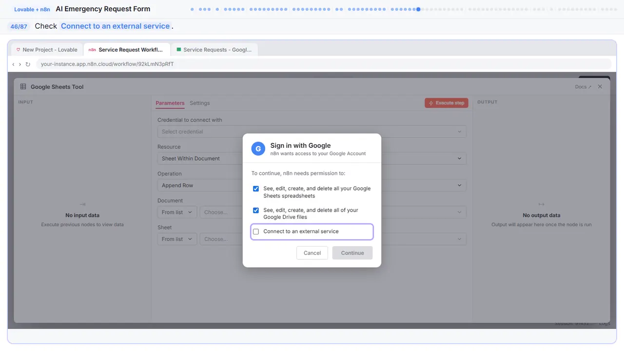 The Google sign-in window in Stepthrough’s practice copy, step 46 of 87 (Allow external service): the cursor is on “Connect to an external service”, highlighted.