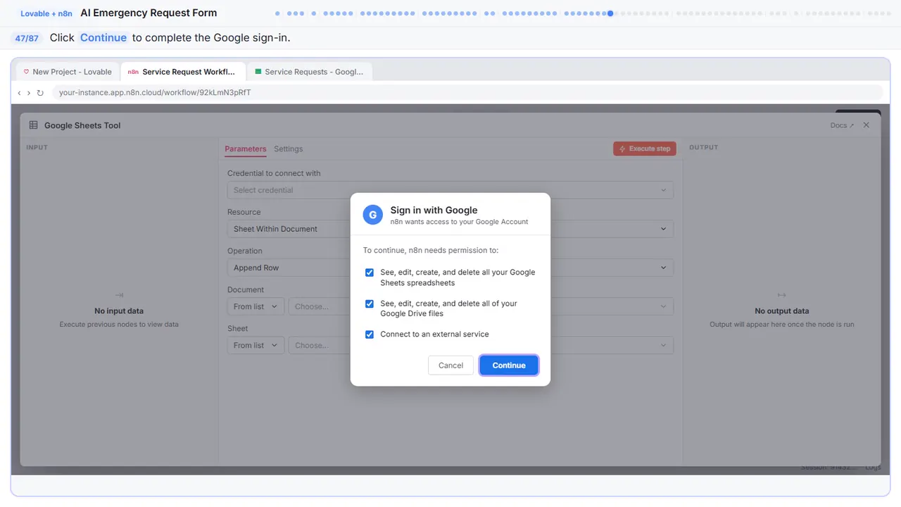 The Google sign-in window in Stepthrough’s practice copy, step 47 of 87 (Sign in): the cursor is on “Continue”, highlighted.
