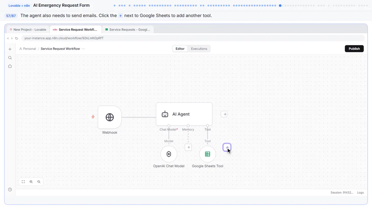 The n8n workflow canvas in Stepthrough’s practice copy, step 57 of 87 (Add another tool): the cursor is on “+”, highlighted.