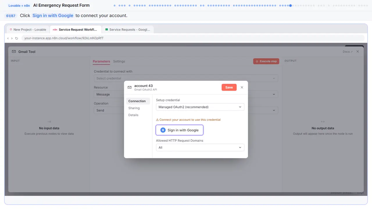 Gmail in Stepthrough’s practice copy, step 61 of 87 (Sign in with Google): the cursor is on “Sign in with Google”, highlighted.