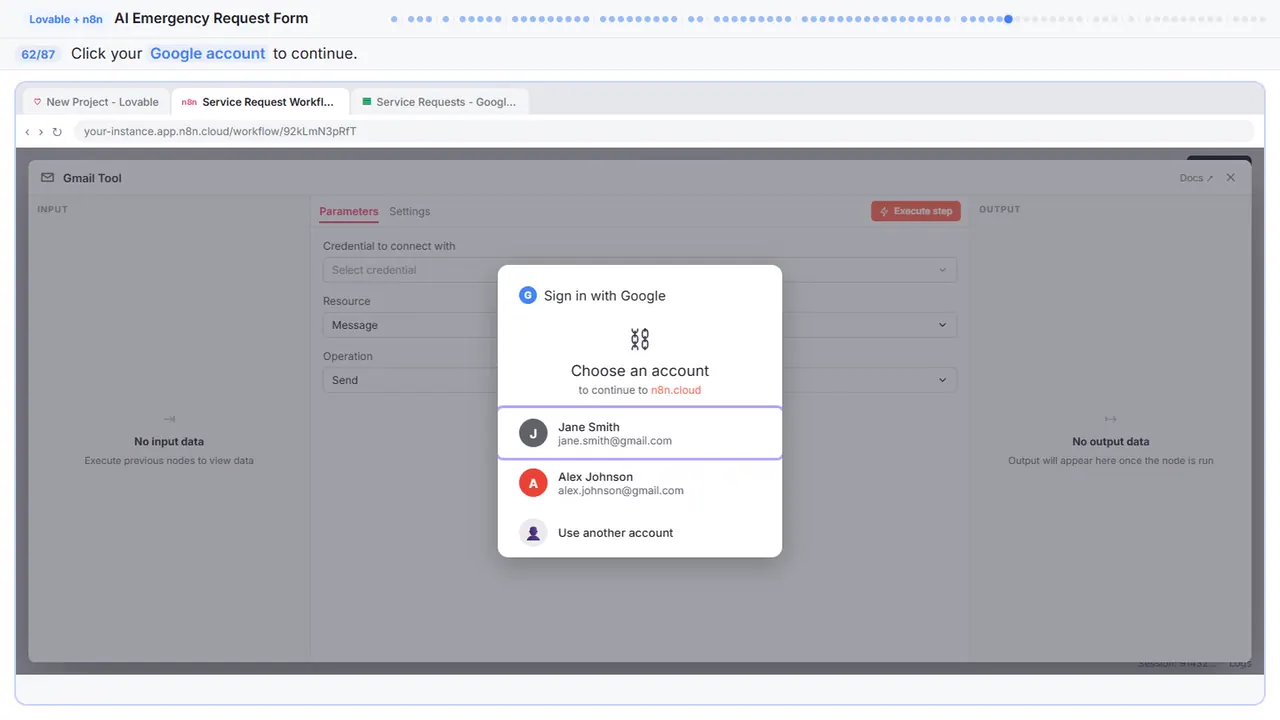 Gmail in Stepthrough’s practice copy, step 62 of 87 (Choose your account): the cursor is on “Google account”, highlighted.