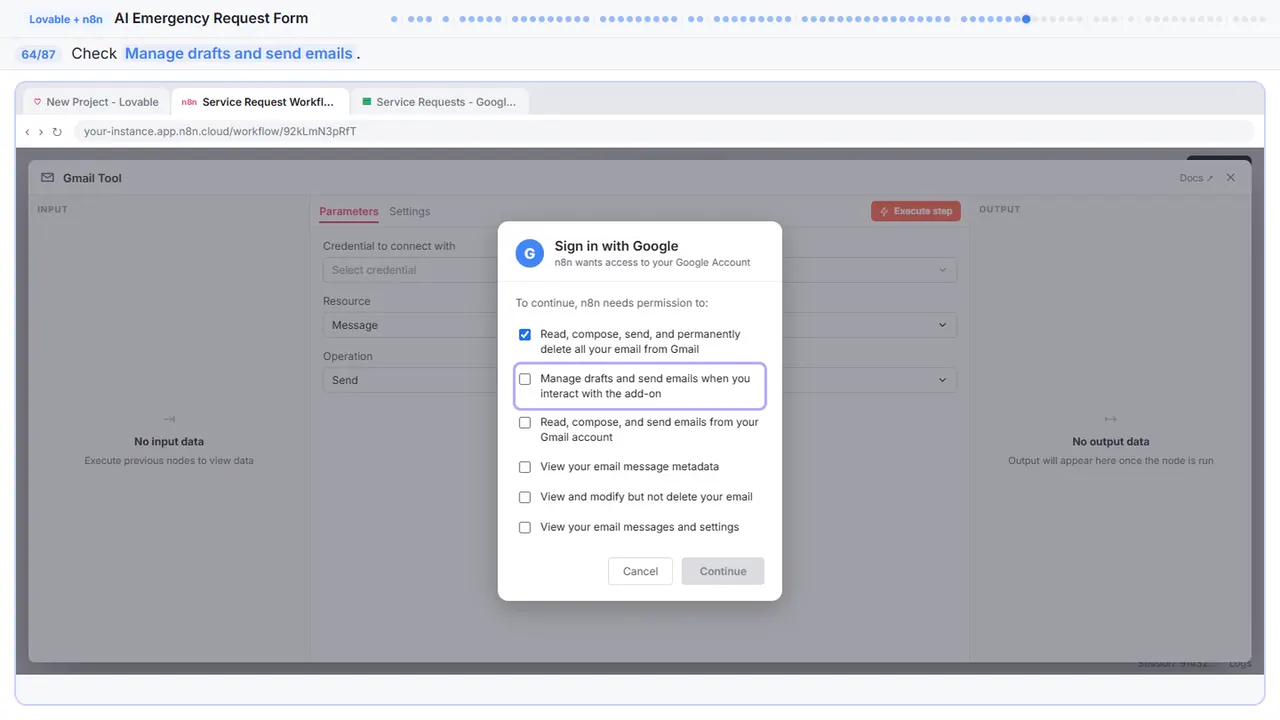 Gmail in Stepthrough’s practice copy, step 64 of 87 (Allow drafts): the cursor is on “Manage drafts and send emails”, highlighted.