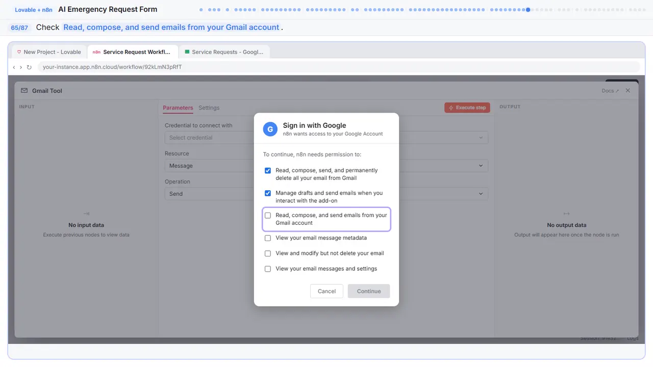 Gmail in Stepthrough’s practice copy, step 65 of 87 (Allow compose): the cursor is on “Read, compose, and send emails from your Gmail account”, highlighted.