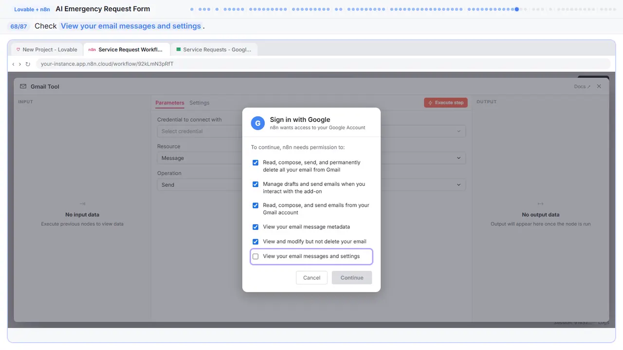 Gmail in Stepthrough’s practice copy, step 68 of 87 (Allow view): the cursor is on “View your email messages and settings”, highlighted.