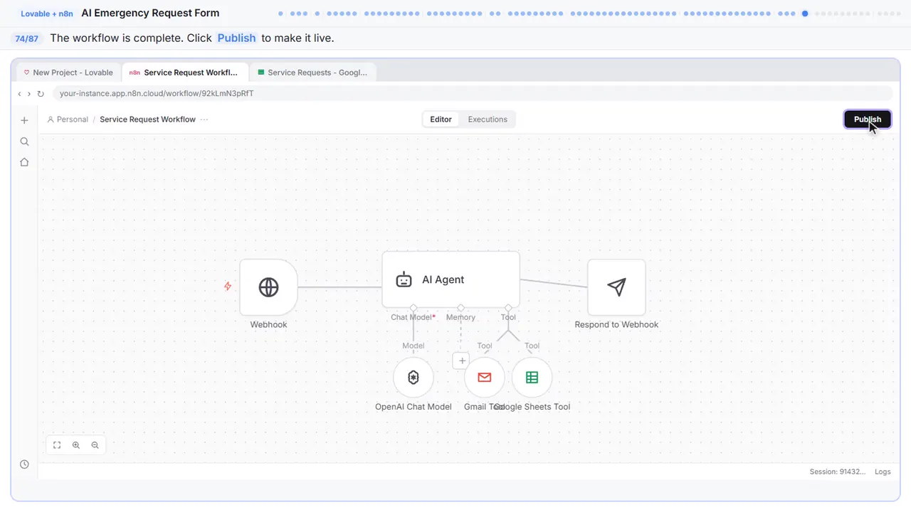 The n8n workflow editor in Stepthrough’s practice copy, step 74 of 87 (Publish the workflow): the cursor is on “Publish”, highlighted.