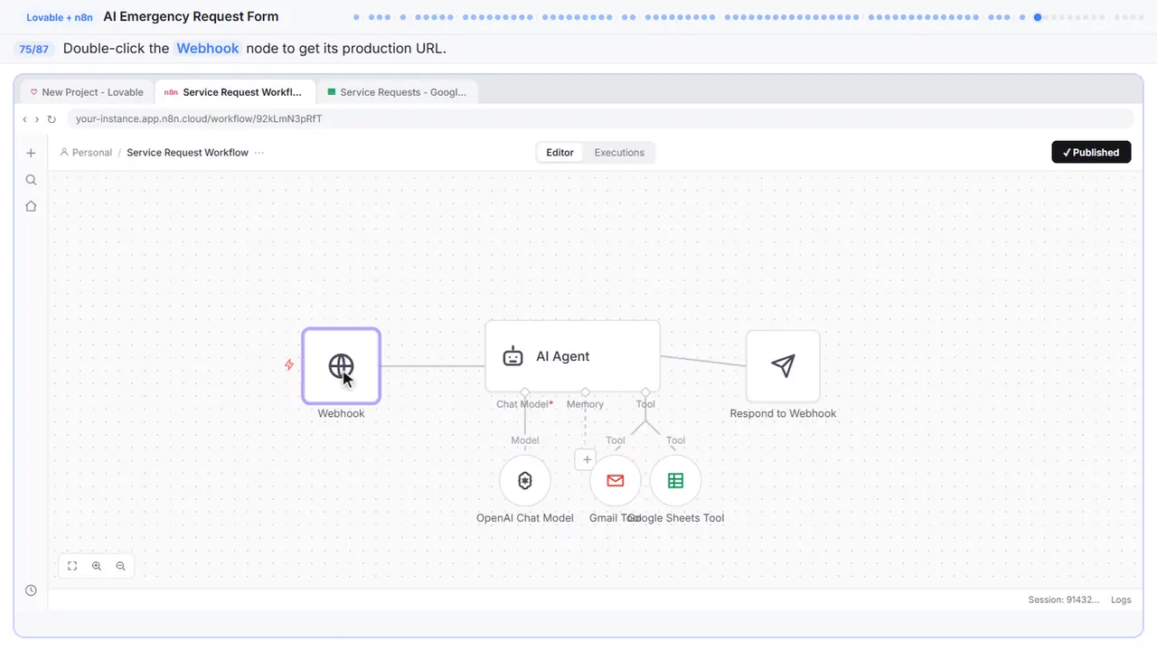 The n8n workflow canvas in Stepthrough’s practice copy, step 75 of 87 (Open the webhook): the cursor is on “Webhook”, highlighted.