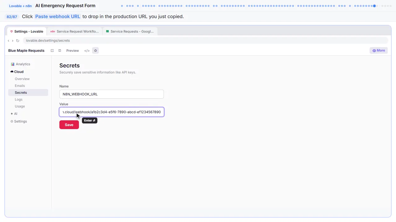 Lovable’s secrets settings in Stepthrough’s practice copy, step 82 of 87 (Paste the webhook URL): the webhook url is filled in (“https://your-instance.app.n8n.cloud/webhook/a1b…”).